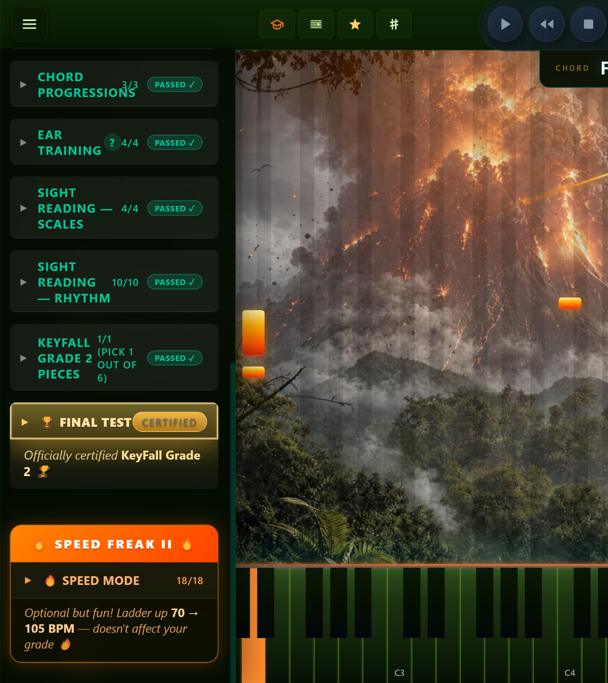 Training categories sidebar with chord progressions, ear training, sight reading, scales, rhythm, pieces, Final Test, Speed Mode