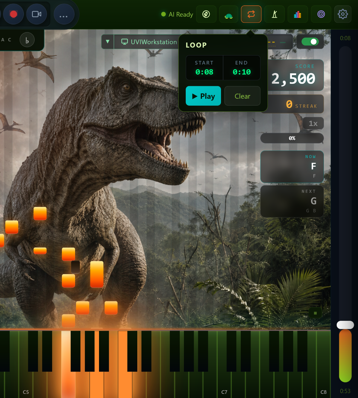 Loop tool with start and end markers, T-Rex Cinema theme background
