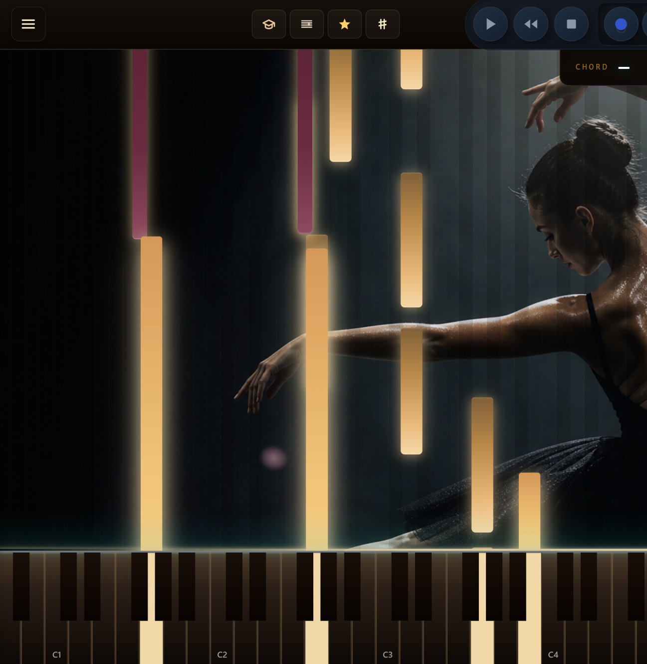Ballet theme — falling notes over a ballerina silhouette