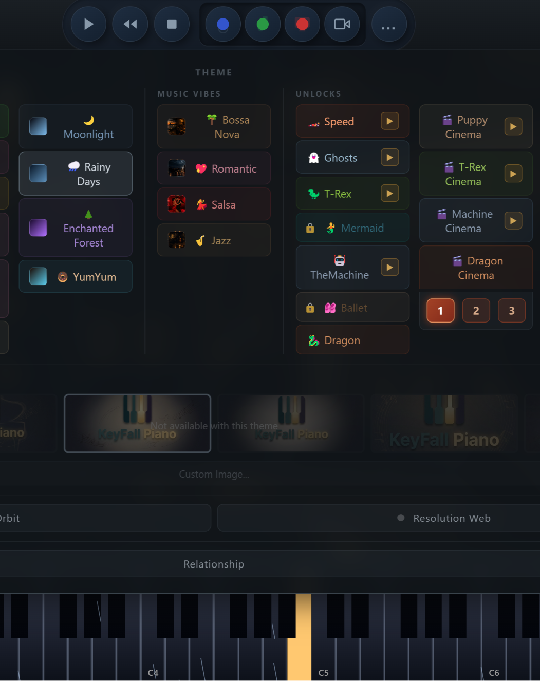 Theme picker showing 29 themes including Cinema unlocks