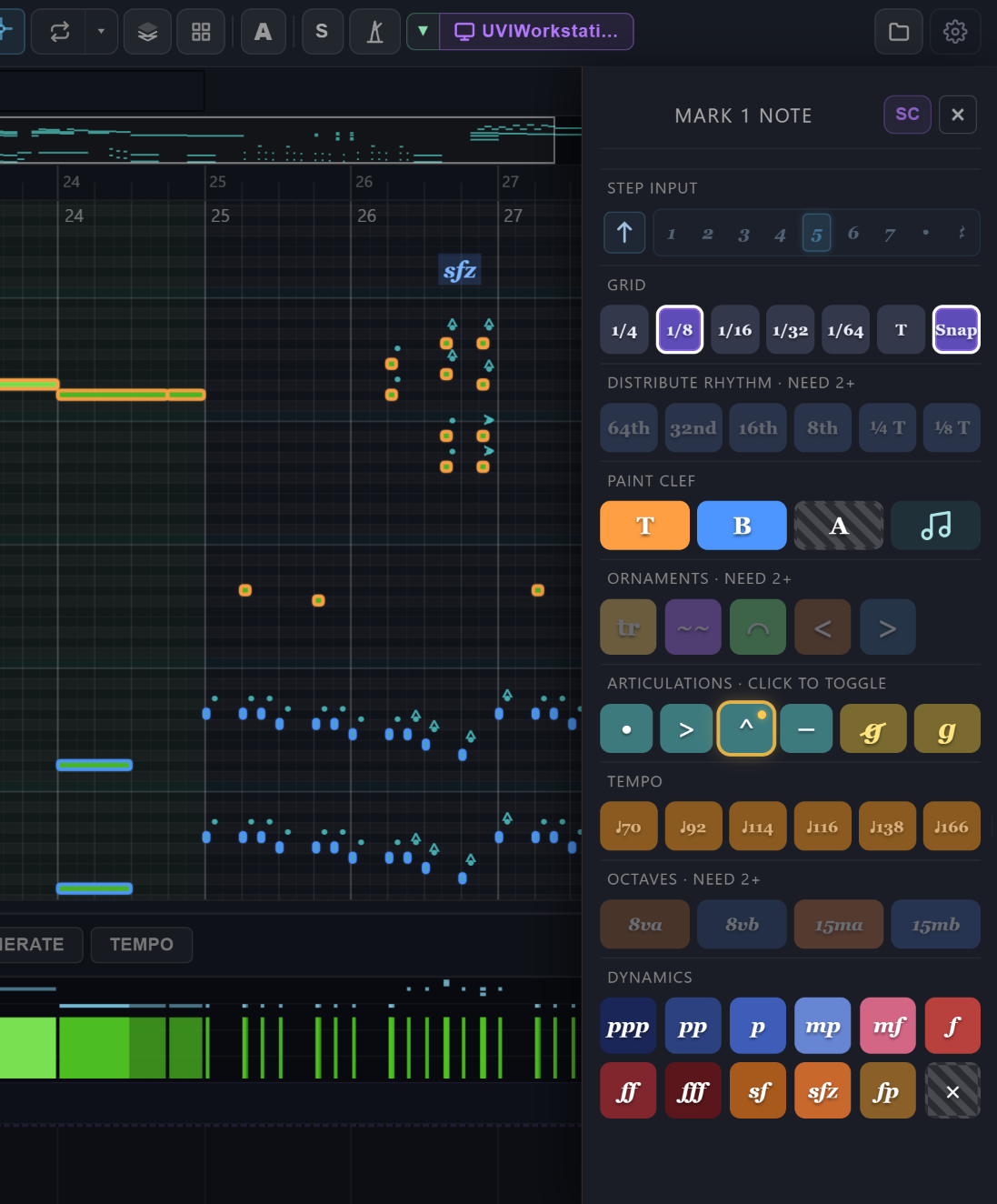 KeyFall Multitrack editor with full notation marks panel docked on the right