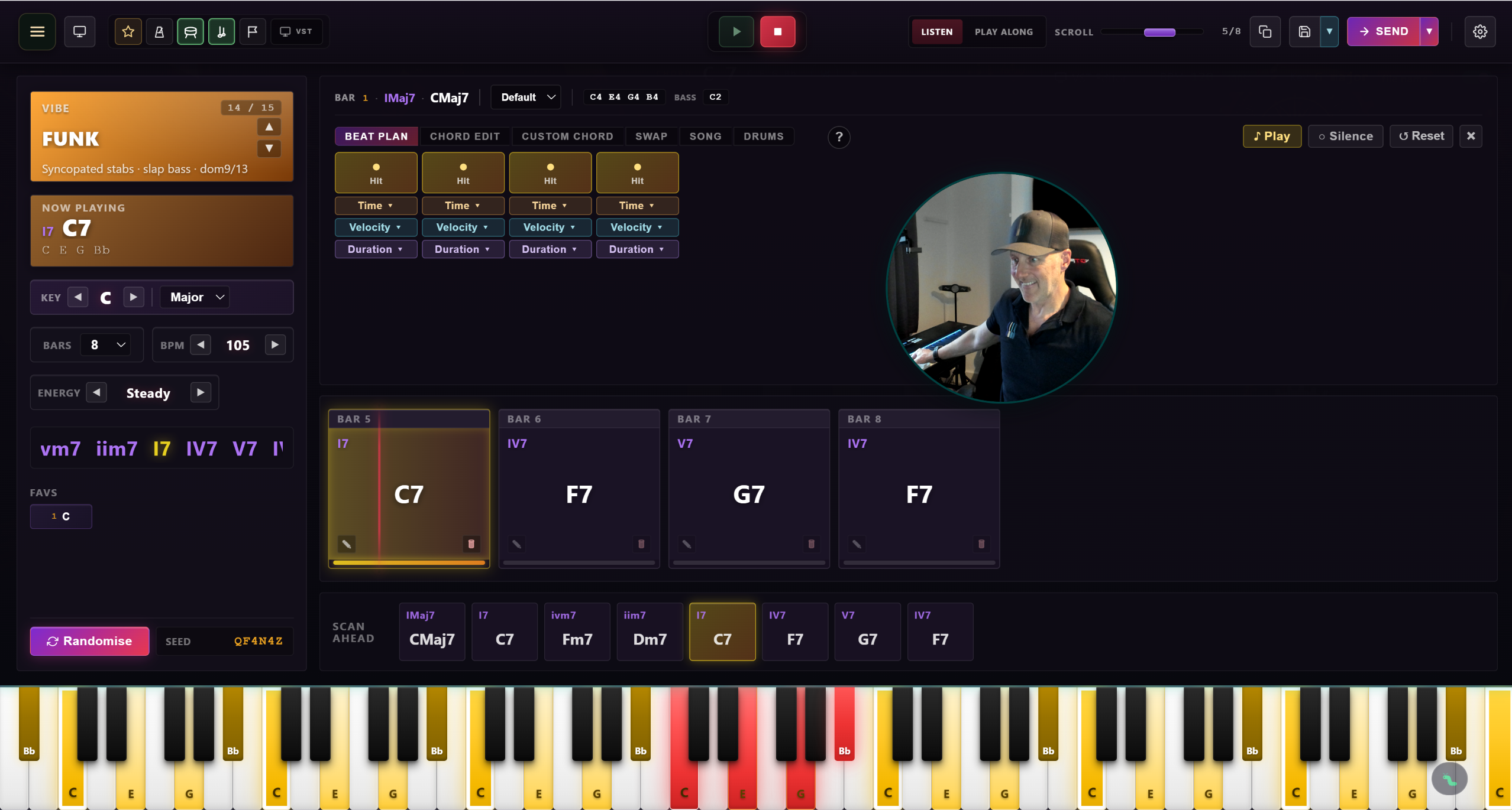 Composition Lab with a Funk groove in C major, the player's webcam in the corner