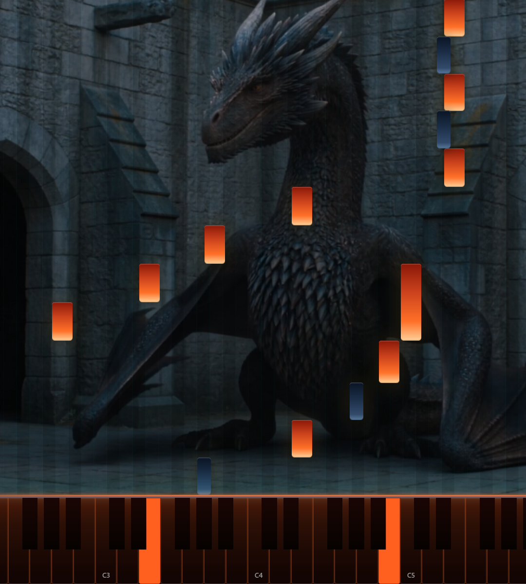 Dragon Cinema theme — falling notes over a dragon at dawn