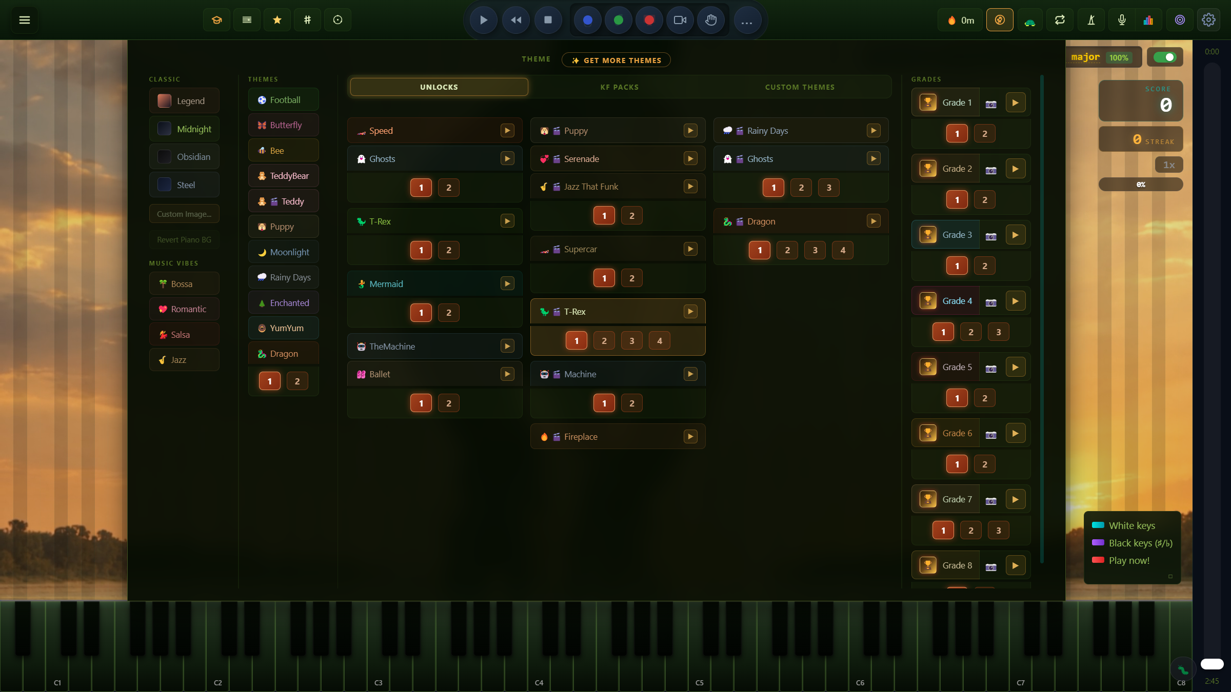 The theme picker, with its Unlocks and KF Packs tabs