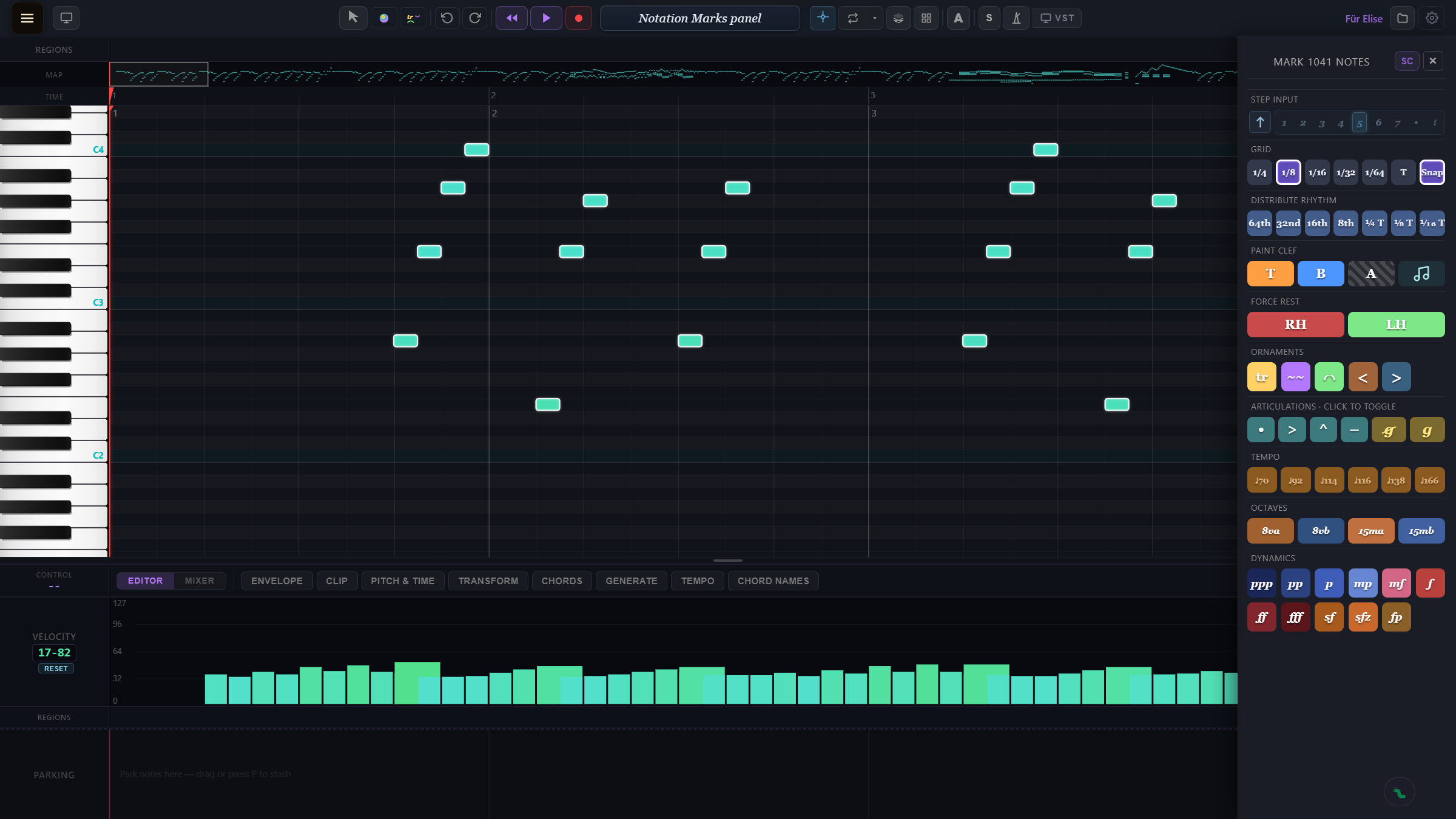 KeyFall Piano's MIDI editor with the Notation Marks panel open