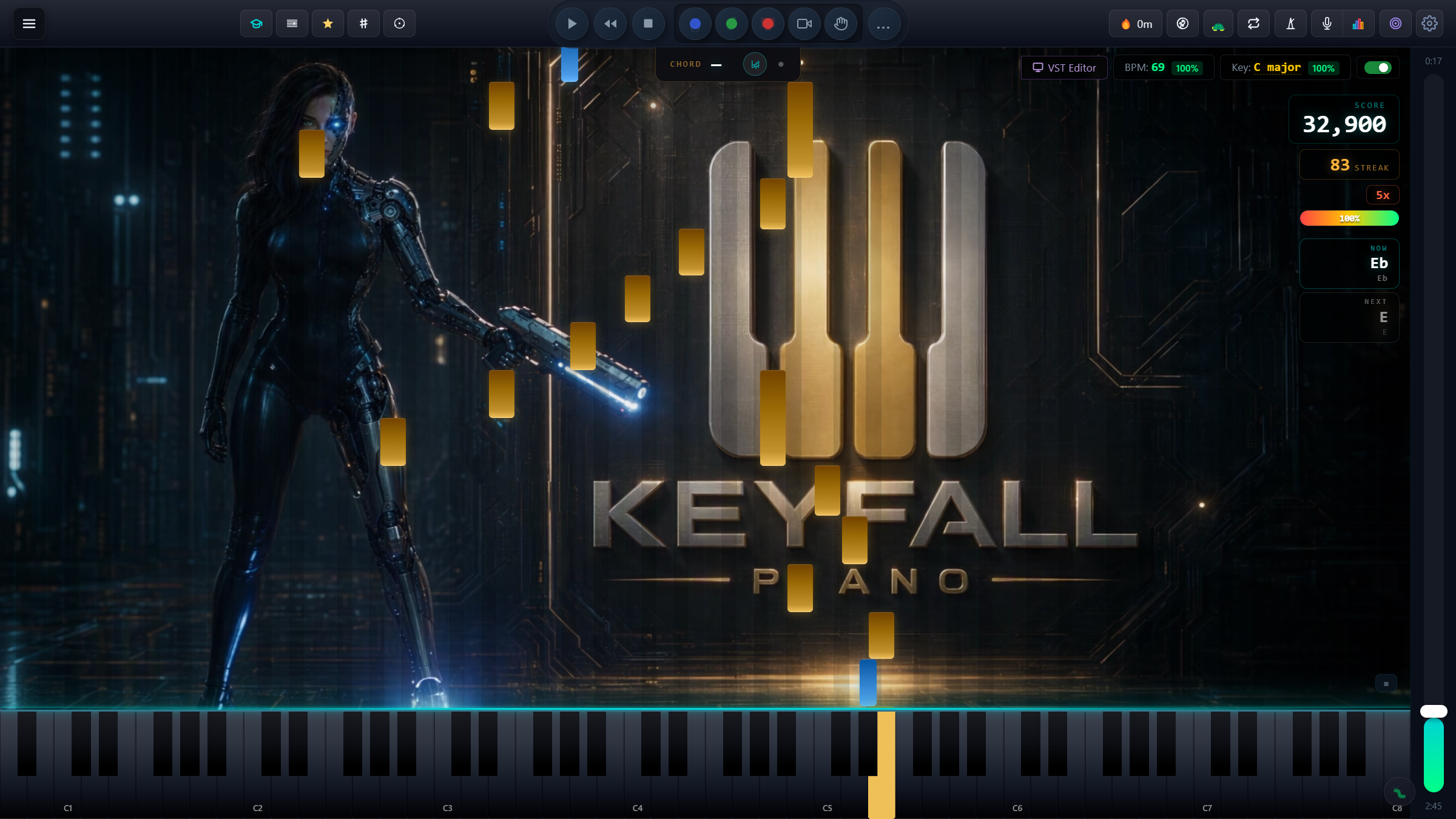 The Lyra pack: a sci-fi heroine in neon blue behind the falling notes