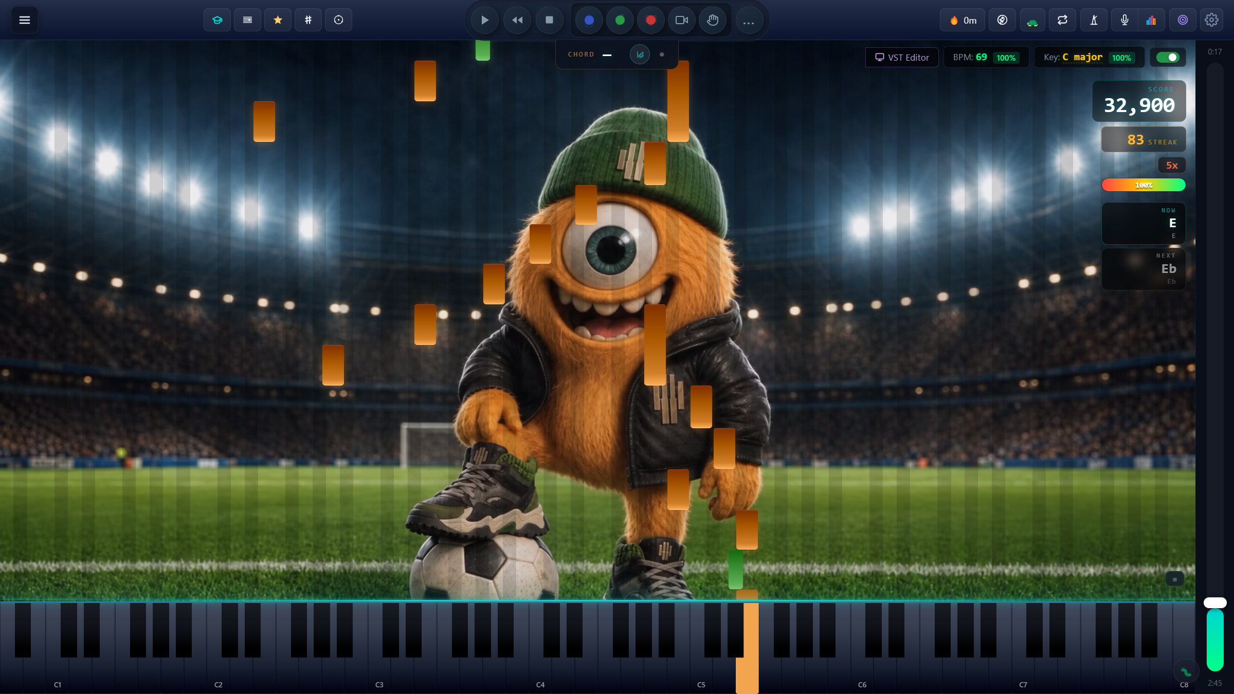 Blink, the KeyFriends' footballer, under stadium lights