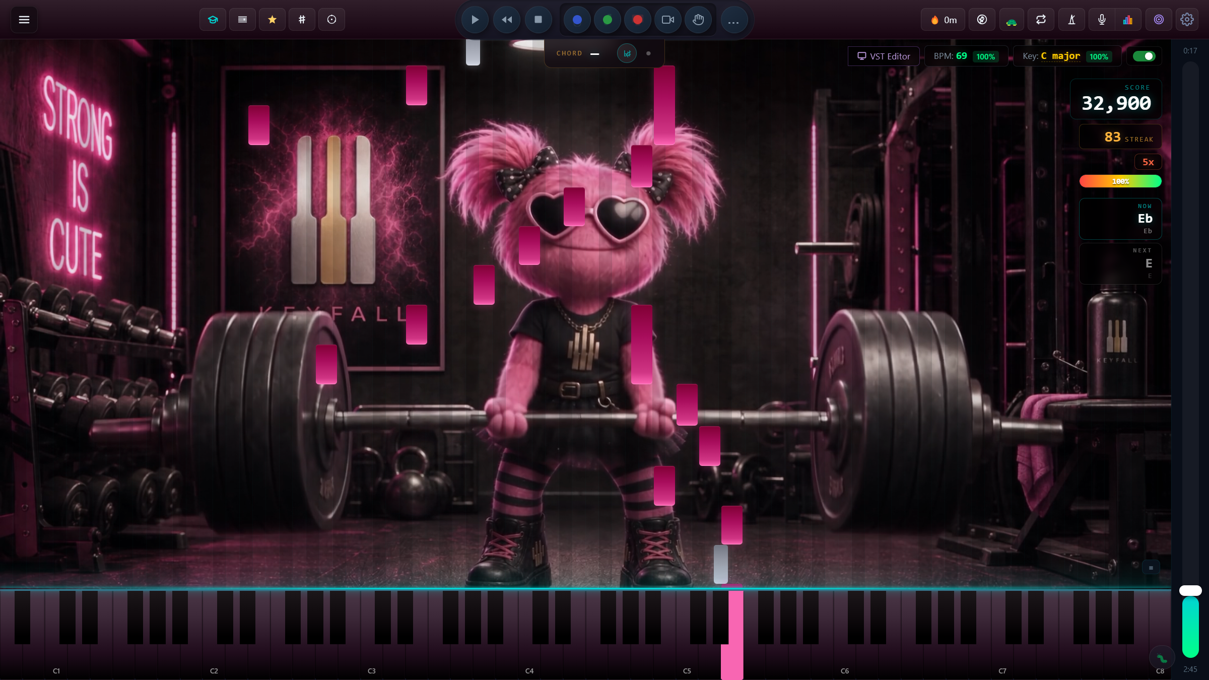 Roxie, the KeyFriends' weightlifter, in heart sunglasses