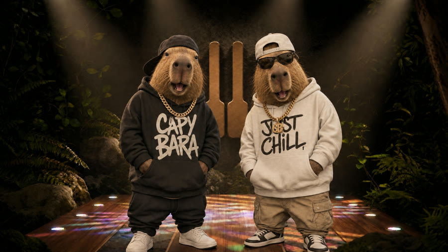 Dancing Capybaras theme — two capybaras in hoodies on a disco floor