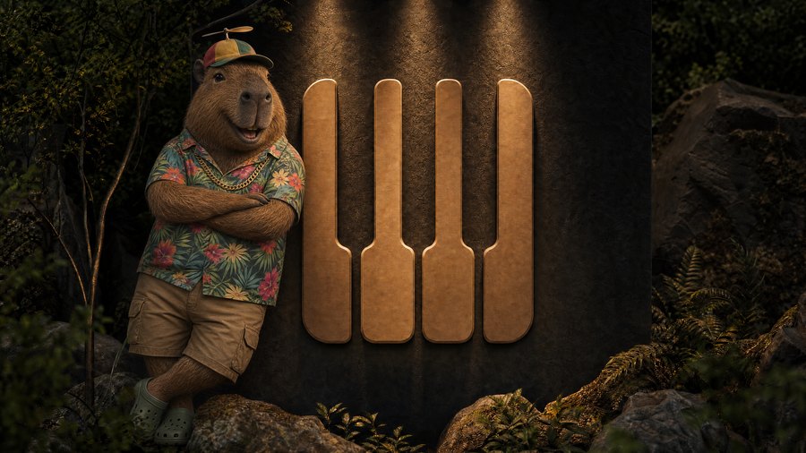 Funny Capybara theme — a capybara in a Hawaiian shirt and propeller cap leaning on the KeyFall keys