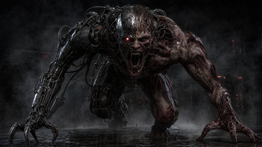 Man Droid theme — a half-machine man crawling out of the dark on steel claws