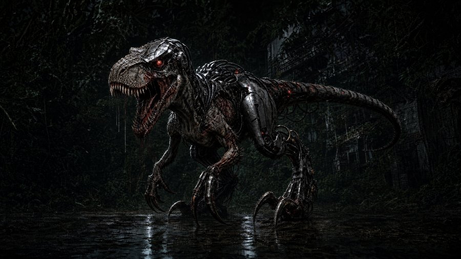 Raptor Droid theme — a chrome-armoured raptor roaring in a black jungle