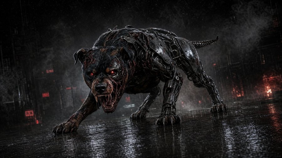 Rottweiler Droid theme — a cyborg rottweiler snarling in a rain-soaked burning yard