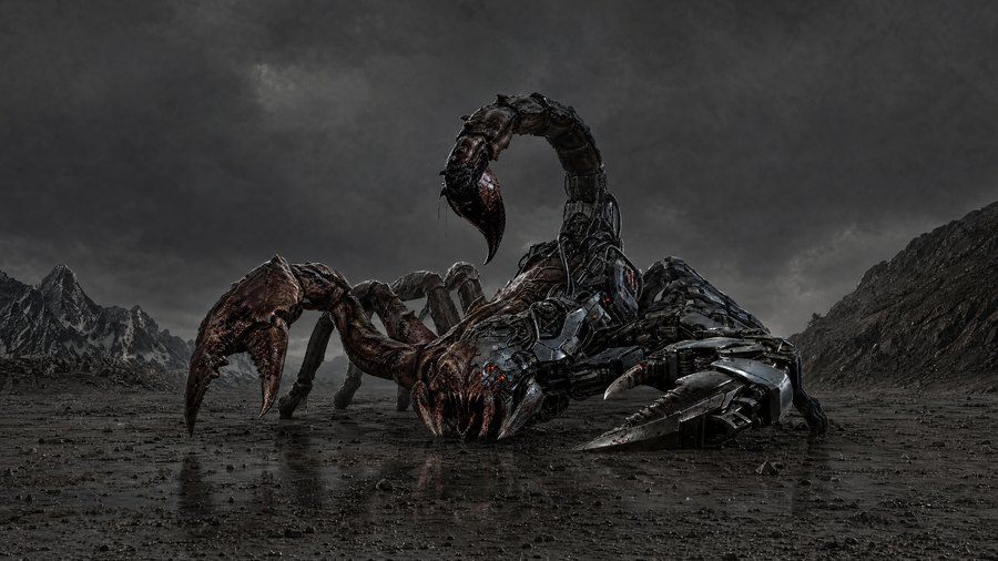 Scorpion Droid theme — a mechanised scorpion on grey desert flats under a storm sky