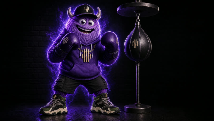 Burl theme — a purple horned monster in a hoodie and boxing gloves at the speed bag
