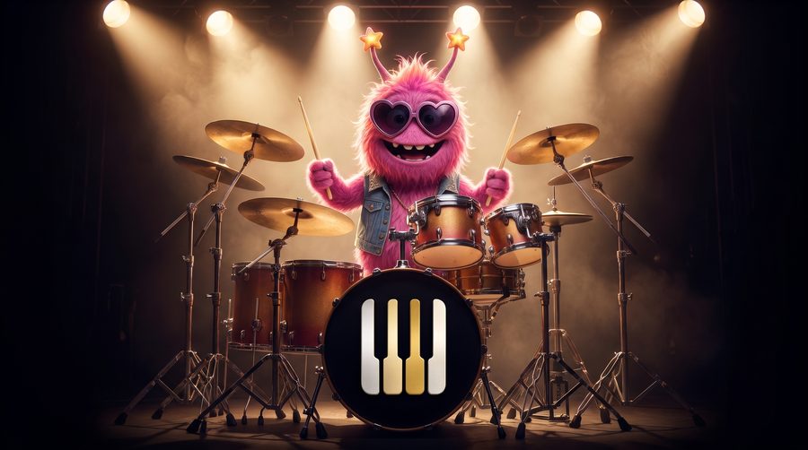 Solo theme — a pink monster with star antennae and heart sunglasses playing a drum kit on a smoky stage