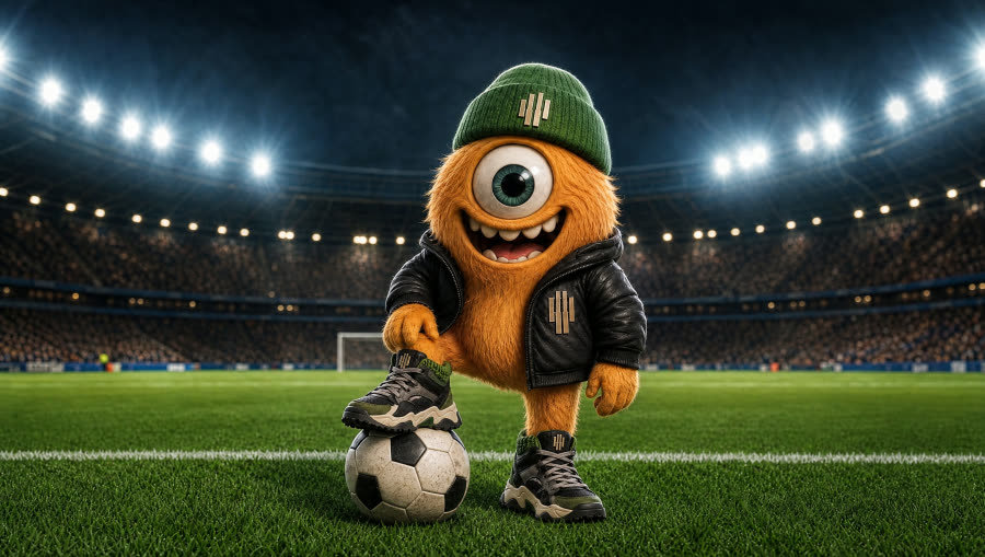 Blink theme — a fuzzy orange one-eyed monster in a green beanie with his boot on a football in a floodlit stadium