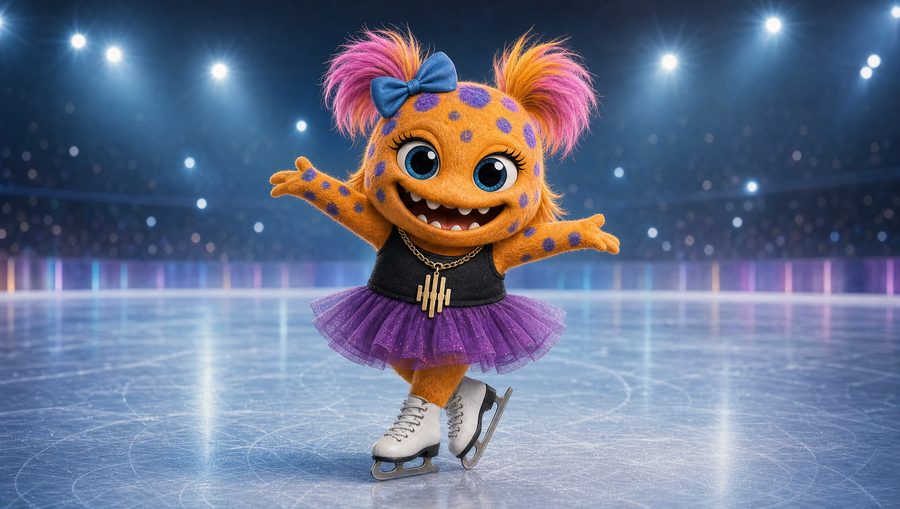 Pixie theme — a spotted orange monster with pink pigtails and a purple tutu skating on an ice rink