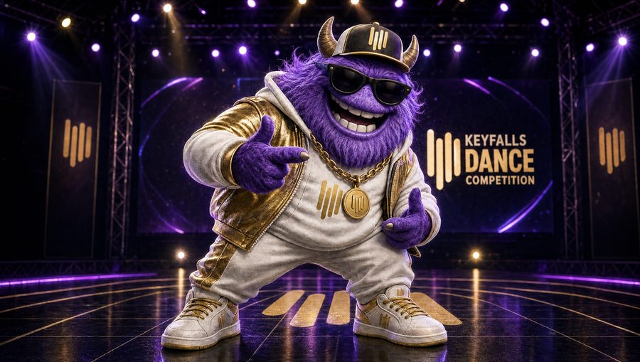 Vibe theme — a purple horned monster in a white and gold tracksuit pointing at the camera on a dance-competition stage