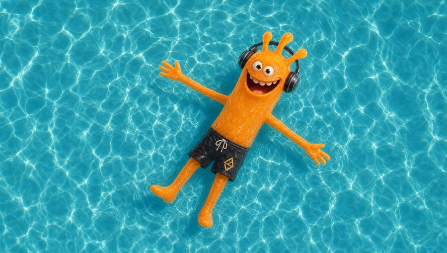 Chip theme — a bright orange jelly monster in headphones floating on his back in a turquoise pool