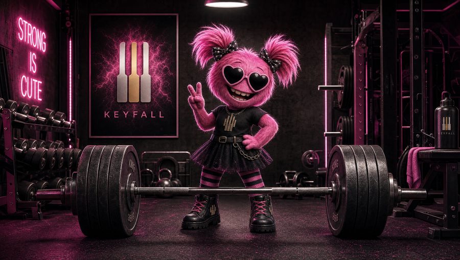 Roxie theme — a hot pink monster in heart sunglasses standing over a loaded barbell, STRONG IS CUTE in neon behind her