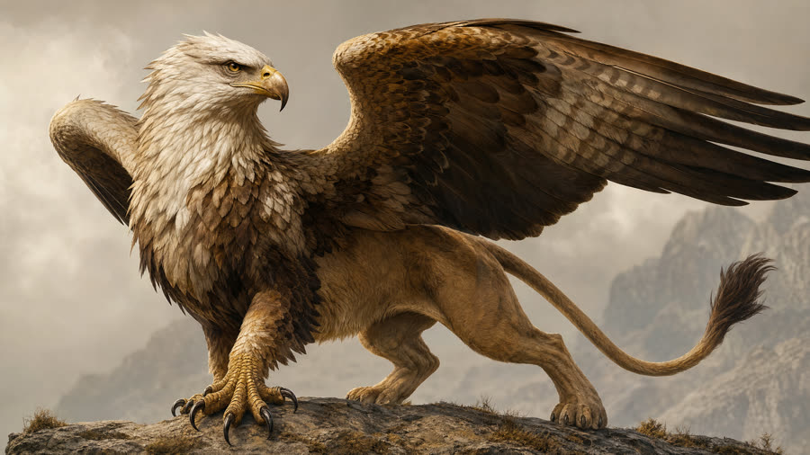 Griffin theme — a tawny gold griffin spreading its wings on a mountain crag