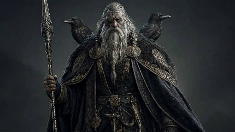 Odin theme — the one-eyed god in dark robes with two ravens on his shoulders