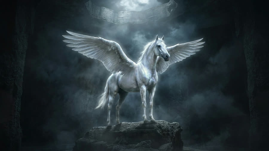 Pegasus theme — a white winged horse glowing in moonlit stone ruins