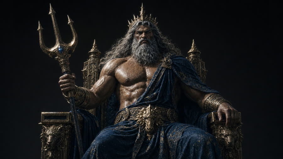 Poseidon theme — the sea god on a golden throne holding his trident