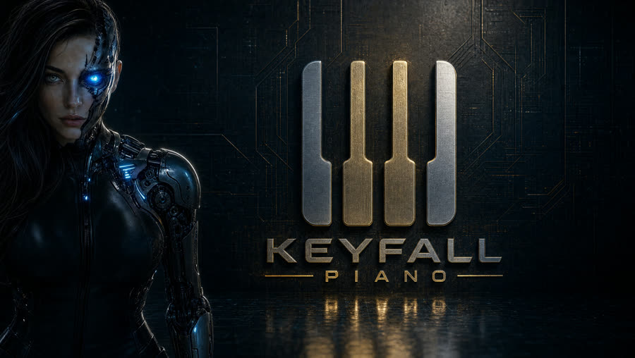 Close-Up theme — Lyra's face half chrome with a glowing blue eye beside the KeyFall crest