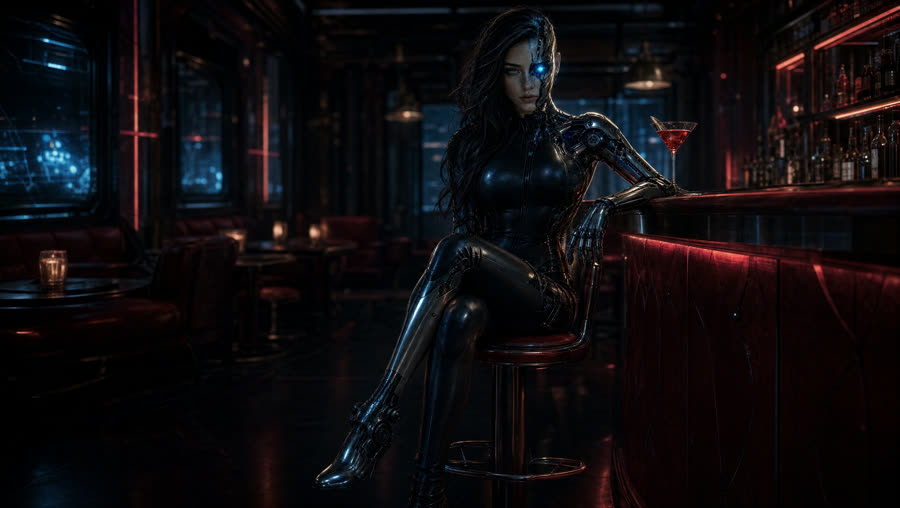 Cocktail Bar theme — Lyra on a stool at a noir bar with a crimson drink