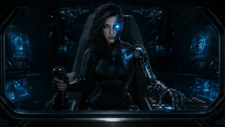 Spaceship theme — Lyra at the controls of a cockpit full of glowing blue holo screens