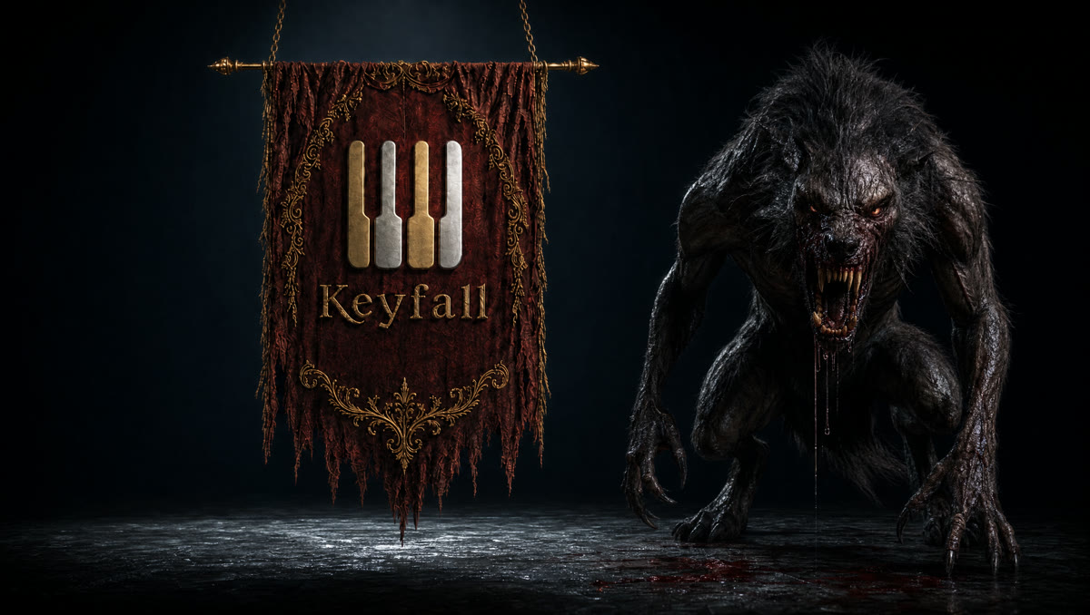 Werewolf theme — oxblood KeyFall banner and a snarling werewolf