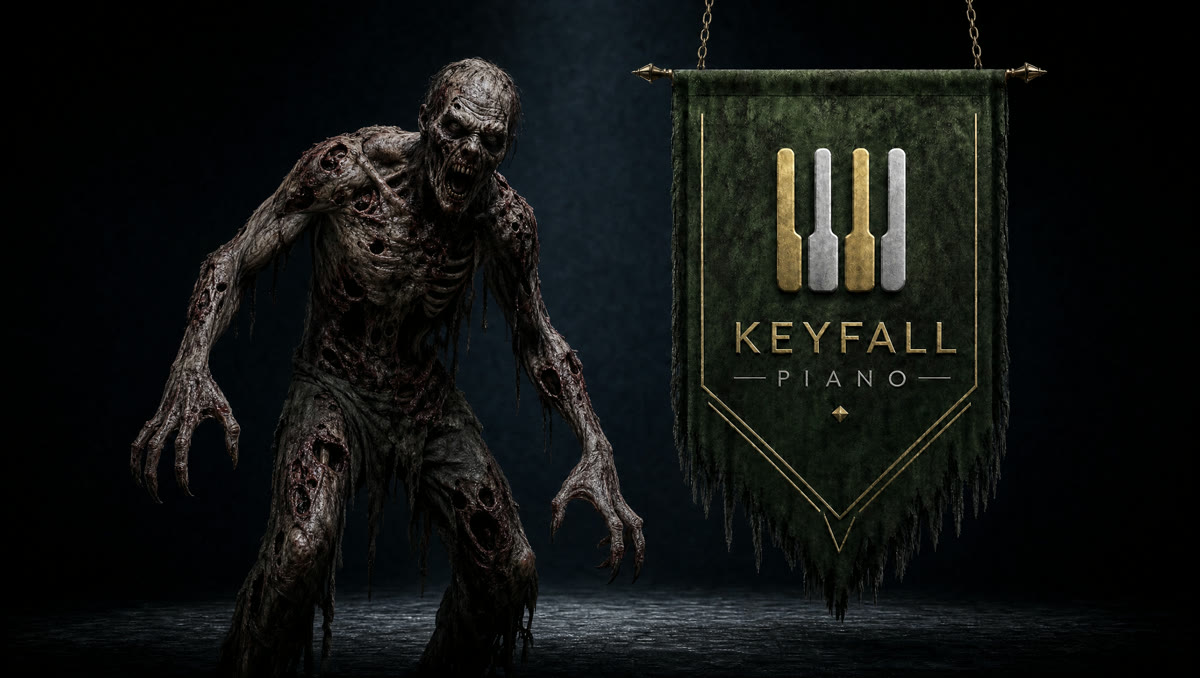 Zombie theme — moss-green KeyFall banner beside a zombie