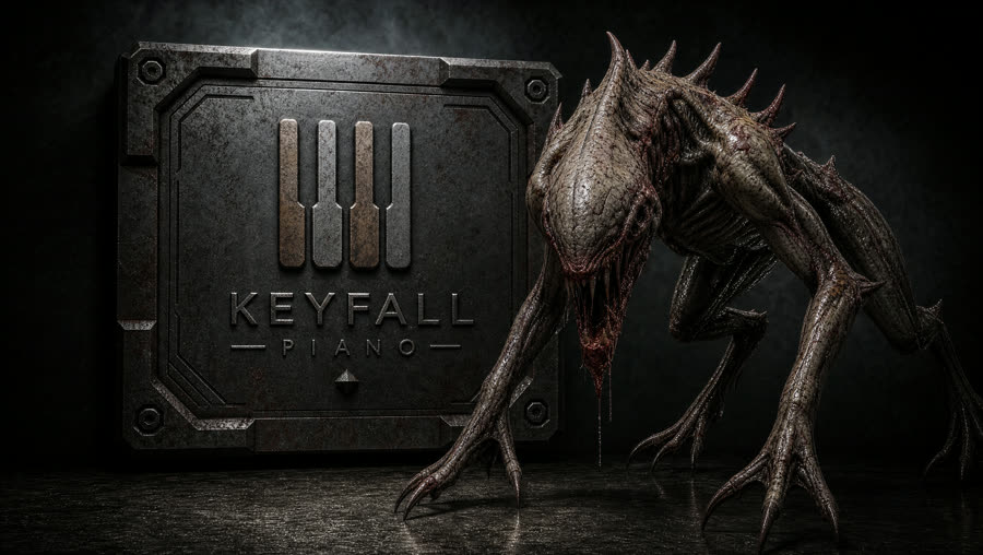 Alien theme — steel KeyFall plaque beside a crouched alien creature