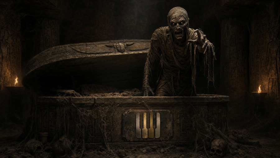 Mummy theme — mummy rising from a sarcophagus with the KeyFall crest