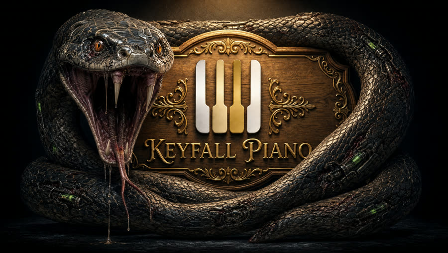Snake theme — giant serpent coiled around a gold KeyFall sign