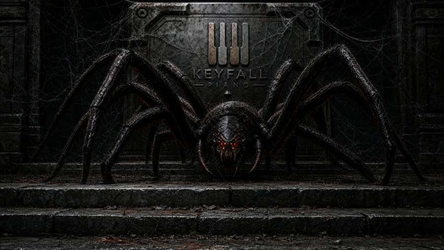 Spider theme — huge black spider beneath a steel KeyFall plaque