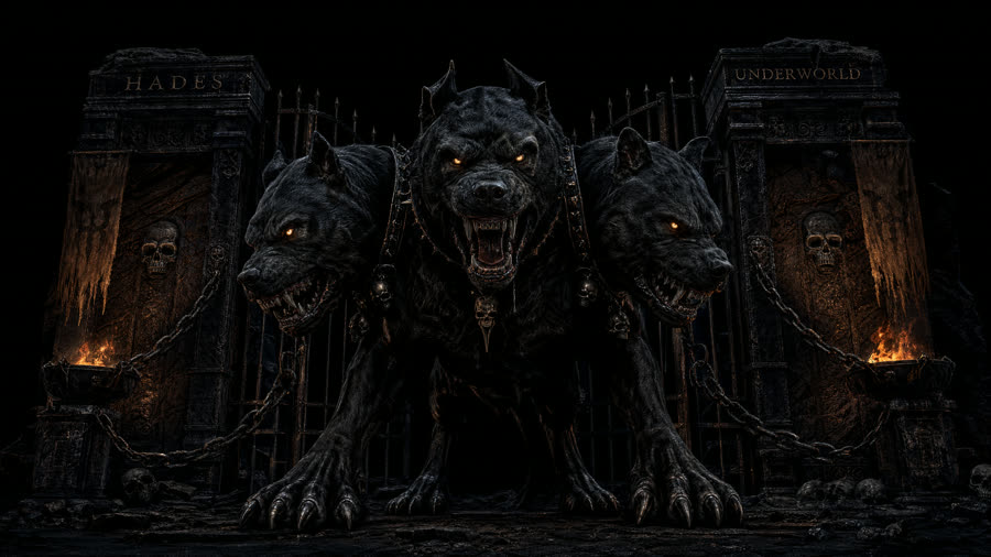 Cerberus theme — the three-headed hound with glowing eyes at the gates of Hades