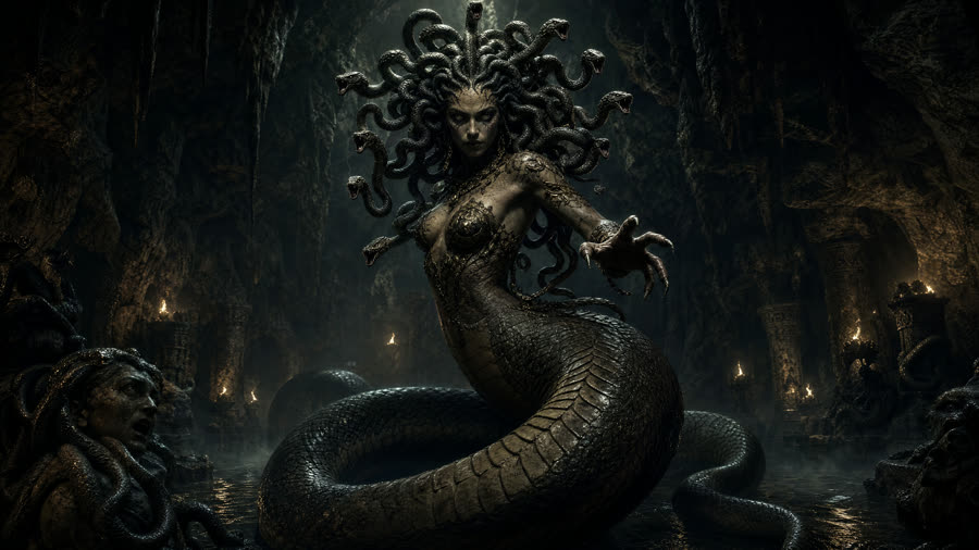 Medusa theme — the snake-haired gorgon coiled in a dark torch-lit cave