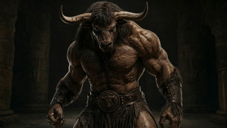 Minotaur theme — the scarred bull-man up close in a dark temple