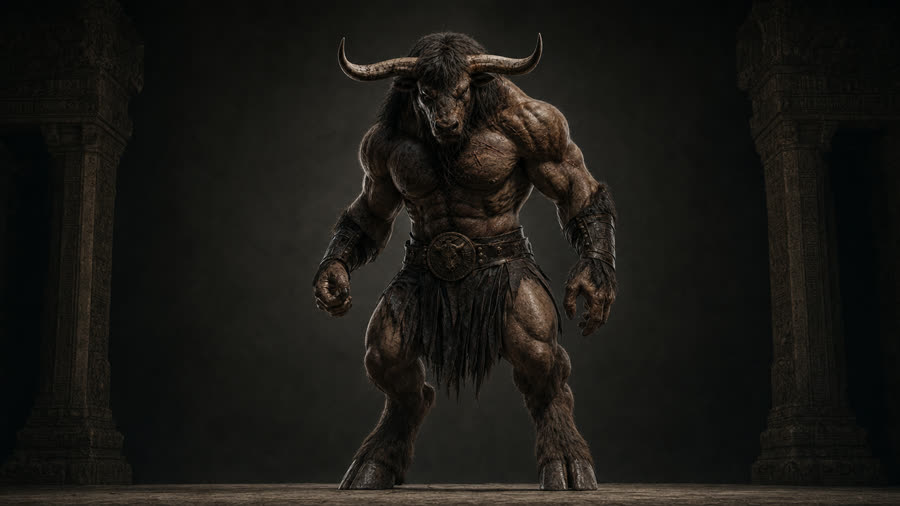 Minotaur II theme — the bull-man in chains prowling a ruined arena